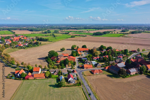 Aerial view of a small German village between fields