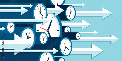 Time forward. Fast decision. 3d Clock icons in flat style, right arrows, timers on blue background. Time management. More watch and pointers. Business vector illustration for you presentation
