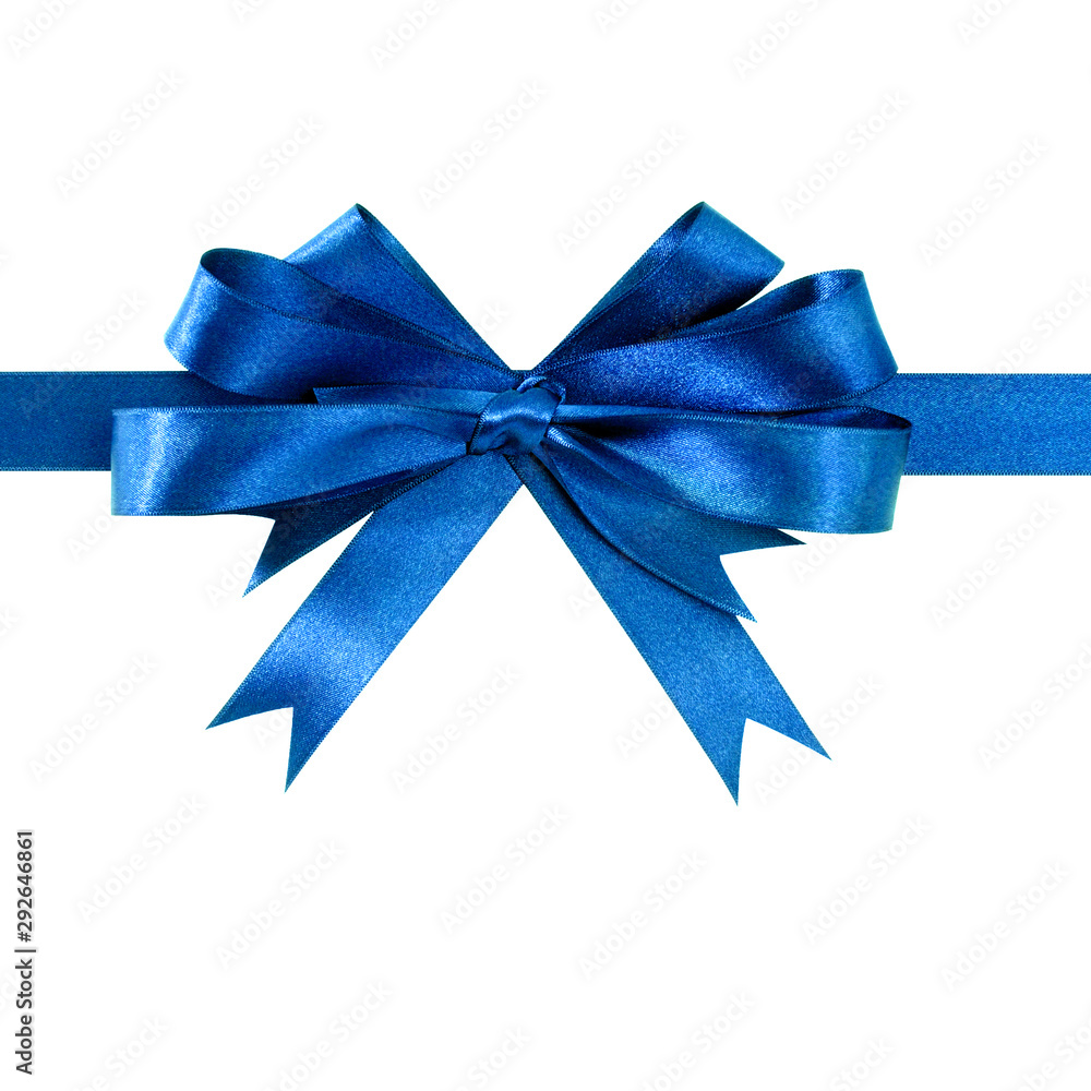 Royal blue gift ribbon bow straight horizontal isolated on white.