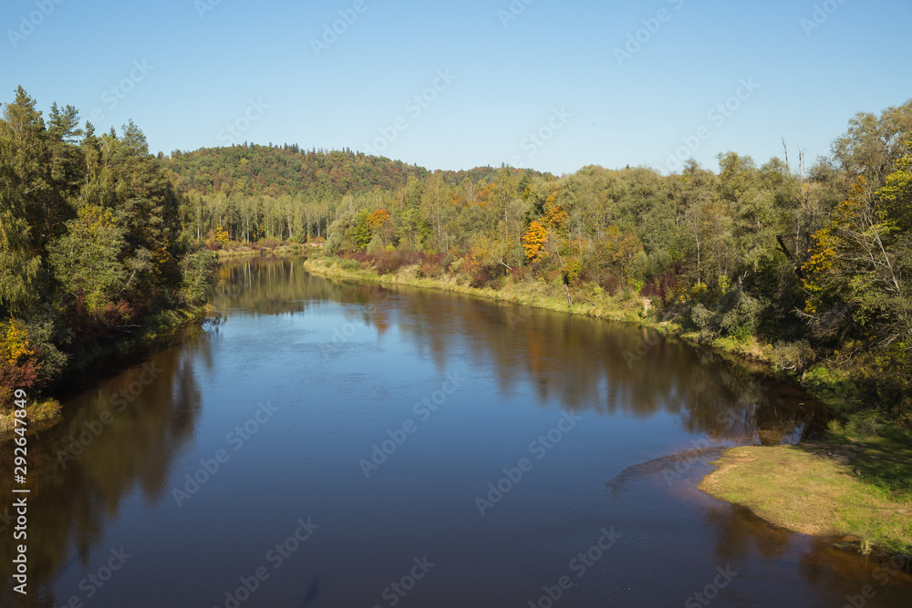 City Sigulda, Latvia Republic. River and wood valley in Autumn. 27. Sep. 2019 City Sigulda, Latvia Republic. River and wood valley in Autumn. 27. Sep. 2019
