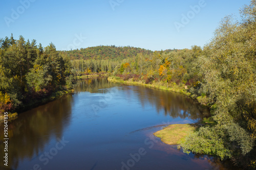 City Sigulda, Latvia Republic. River and wood valley in Autumn. 27. Sep. 2019