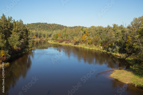 City Sigulda, Latvia Republic. River and wood valley in Autumn. 27. Sep. 2019 © ynos