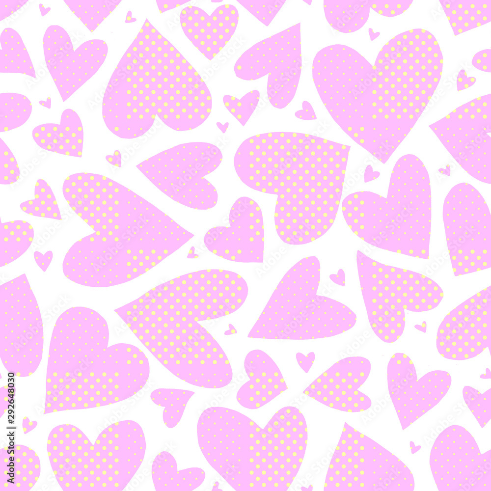 Seamless pattern with hearts. Pink hearts with yellow polka dots on white background. Romantic texture for packing, wedding, birthday, Valentine's Day, mother's Day, cover, card.