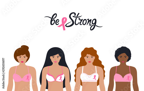 National Breast Cancer Awareness Month. A group of women of different nationalities in bras with a pink ribbon.