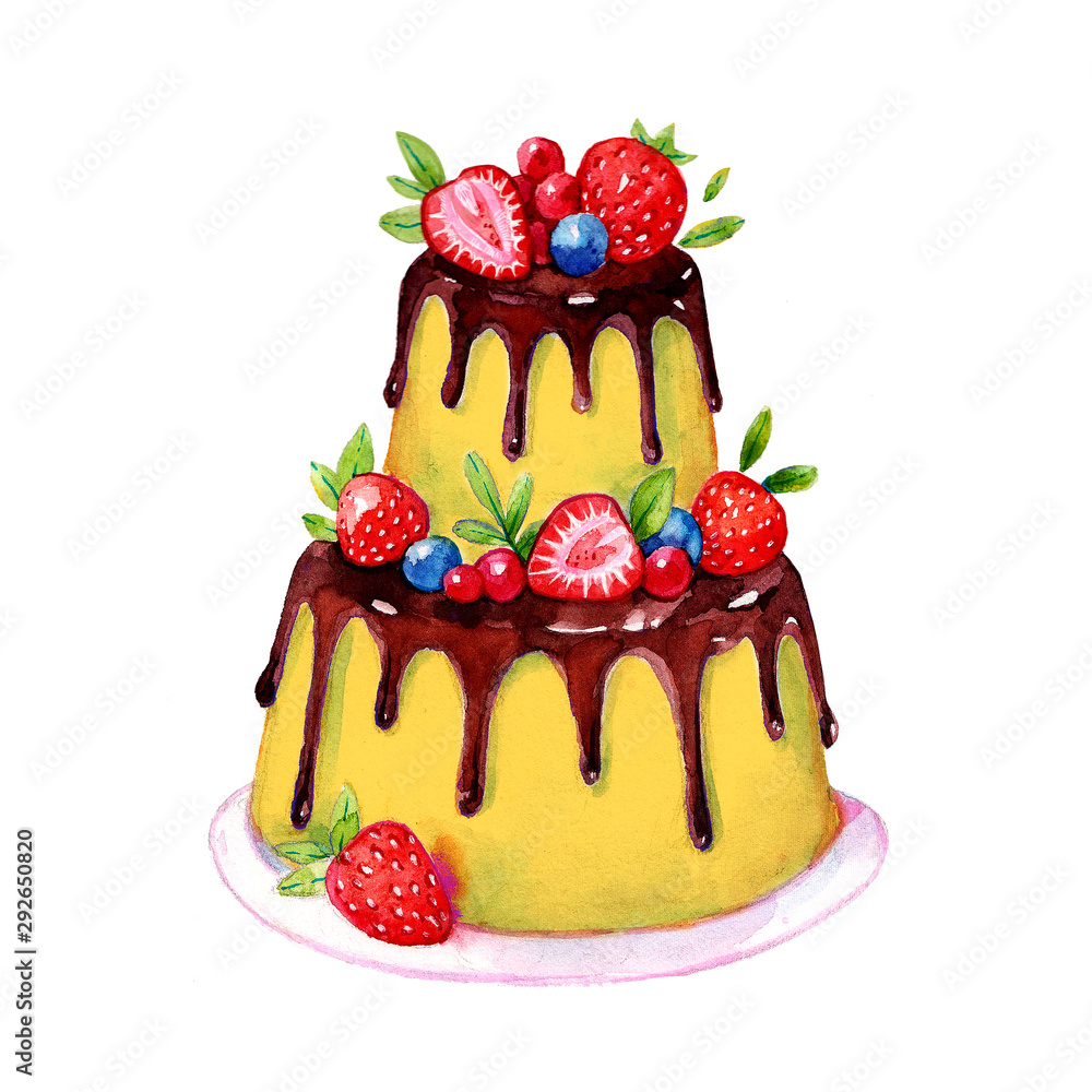 Cartoon yellow sweet Birthday cake with chocolate topping and ...