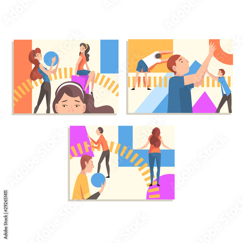 People Organizing Colorful Abstract Geometric Shapes Set, Men and Women Holding and Arranging Different Figures Vector Illustration