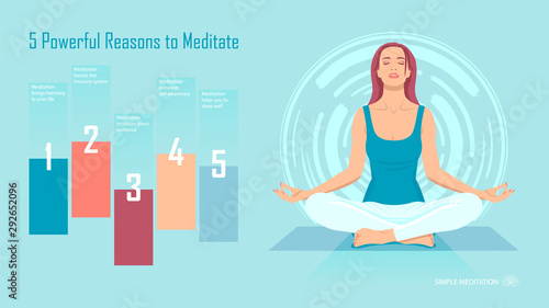 woman meditating in sitting pose, poster - five powerful reasons to meditate. Meditation health benefits infographic