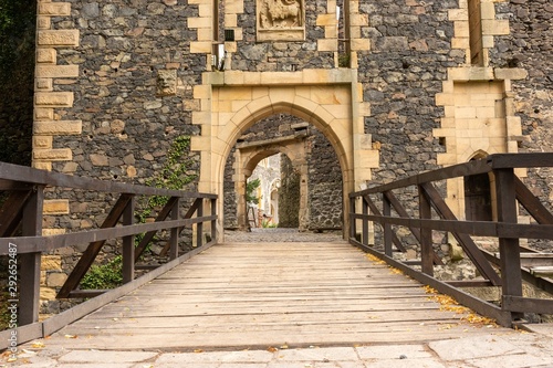 Medieval castle gate with bridge and stone portal  Grodziec Castle  Poland 