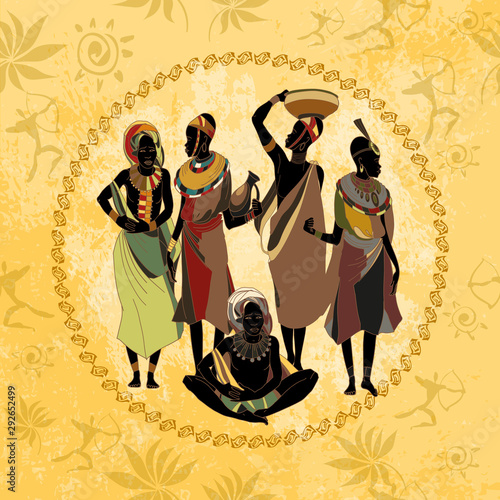 African women. National clothes and hot sun savanna. Scene of life of the tribe of South Africa. Beautiful black females