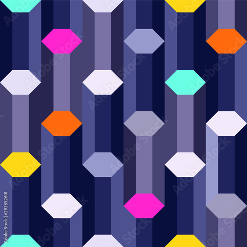 digital age: steel blue hexagon columns with colorful edges, abstract geometric seamless vector pattern design