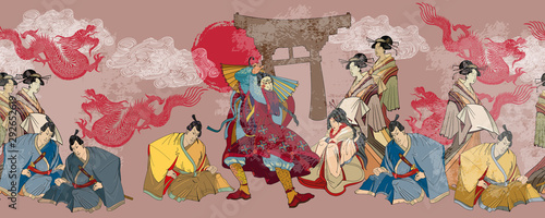 Japanese horizontal seamless pattern. Samurai, gragons and geishas. Ancient illustration. Classical engraving art. Asian culture. Kabuki actors. Medieval Japan background