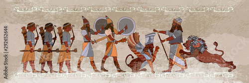 Ancient Sumerian culture. Akkadian Empire. Mesopotamia. Middle East history. King. Lion and warrior. Scene of fight. Old civilization art