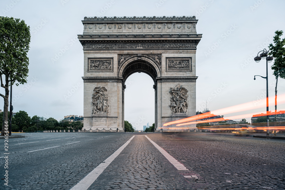 Arc de Triomphe (Arch of Triumph) from Avenue des Champs-Elysees, Paris, France.
