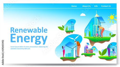 Green renewable energy concept with people or family parent kid. Boy girl are happy life on earth with clean energy from solar panels and wind generators, walking, playing, cycling in city. - Vector