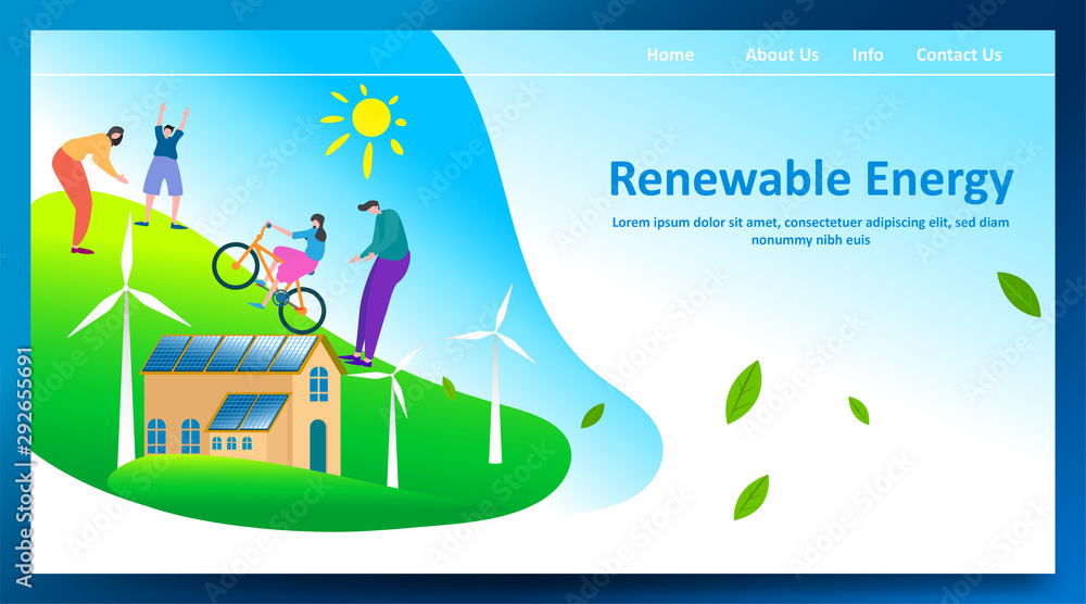 Obraz premium Green renewable energy concept with people or family parent kid. Boy girl are happy life on earth with clean energy from solar panels and wind generators, walking, playing, cycling in city. - Vector