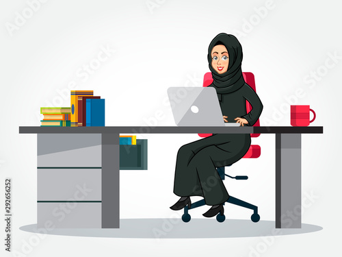 Arabic Businesswoman cartoon Character in traditional clothes sitting at her desk with laptop isolated on white background