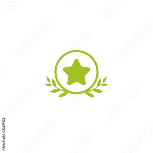 Valid Seal icon. Green circle with leaves laurel and star. Isolated on white. ecology medal, eco friendly sticker icon.