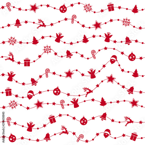 Christmas ornaments on rope line seamless pattern isolated white background