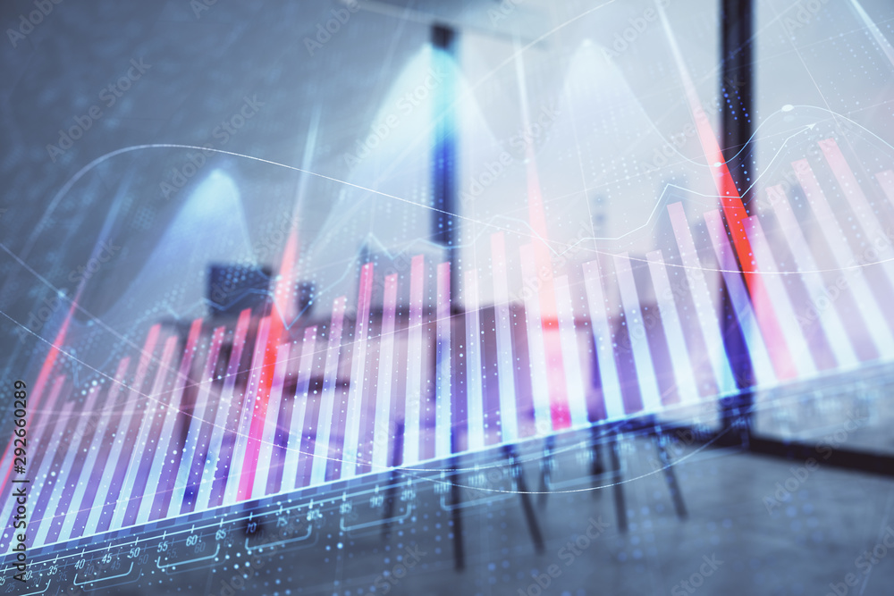 Business theme graph hologram with minimalistic cabinet interior background. Double exposure. Stock market concept. Business theme graph hologram with minimalistic cabinet interior background. Double exposure. Stock market concept.