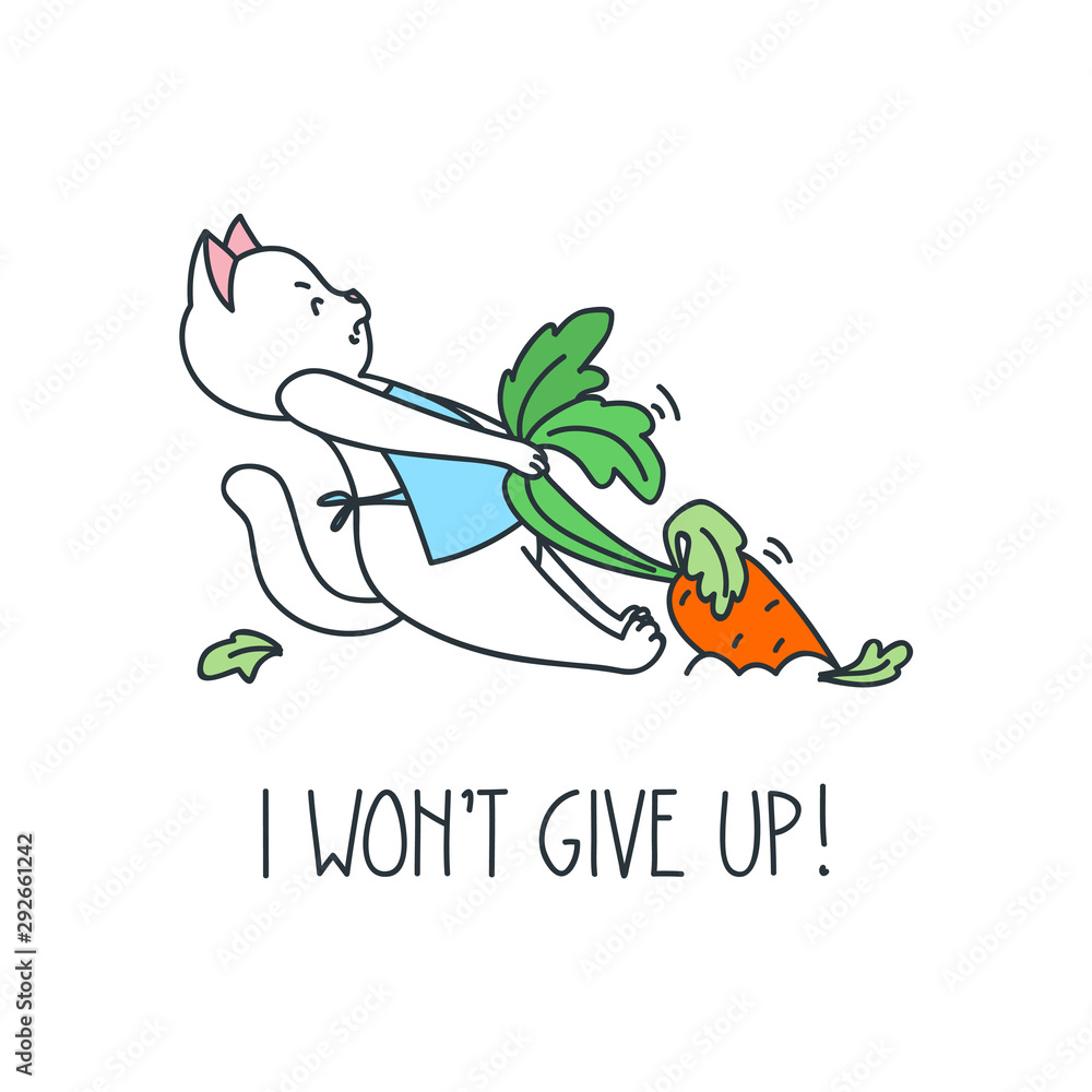 I won't give up! Illustration of a funny gardener cat pulling a carrot from  garden. Vector 8 EPS. Stock Vector | Adobe Stock