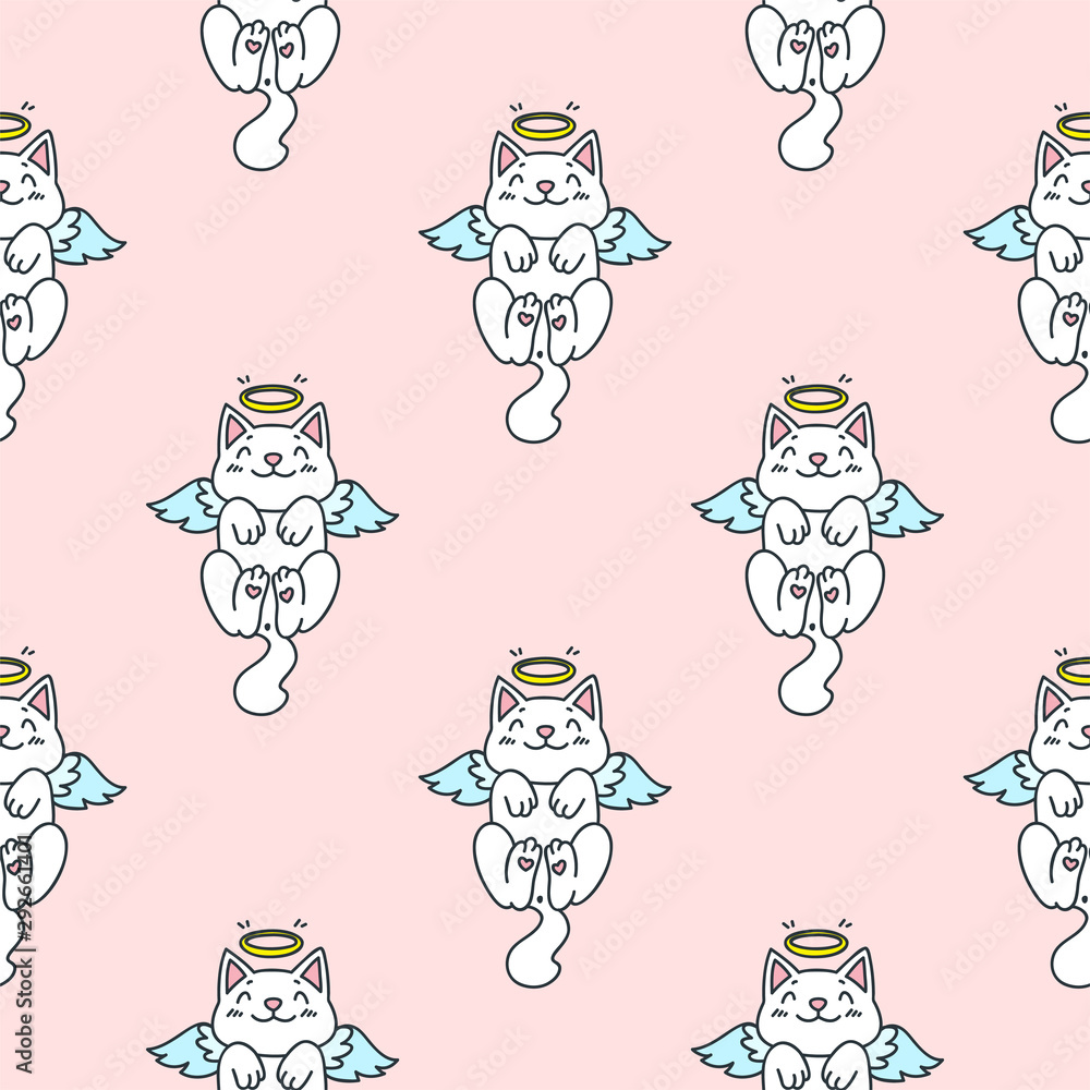 Seamless pattern with cute angel cats on pink background. Vector 8 EPS. Seamless pattern with cute angel cats on pink background. Vector 8 EPS.