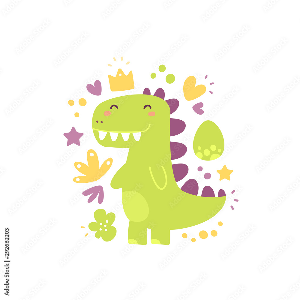 Funny Cartoon Dinosaur, Cute Illustration in Flat Style. Colorful