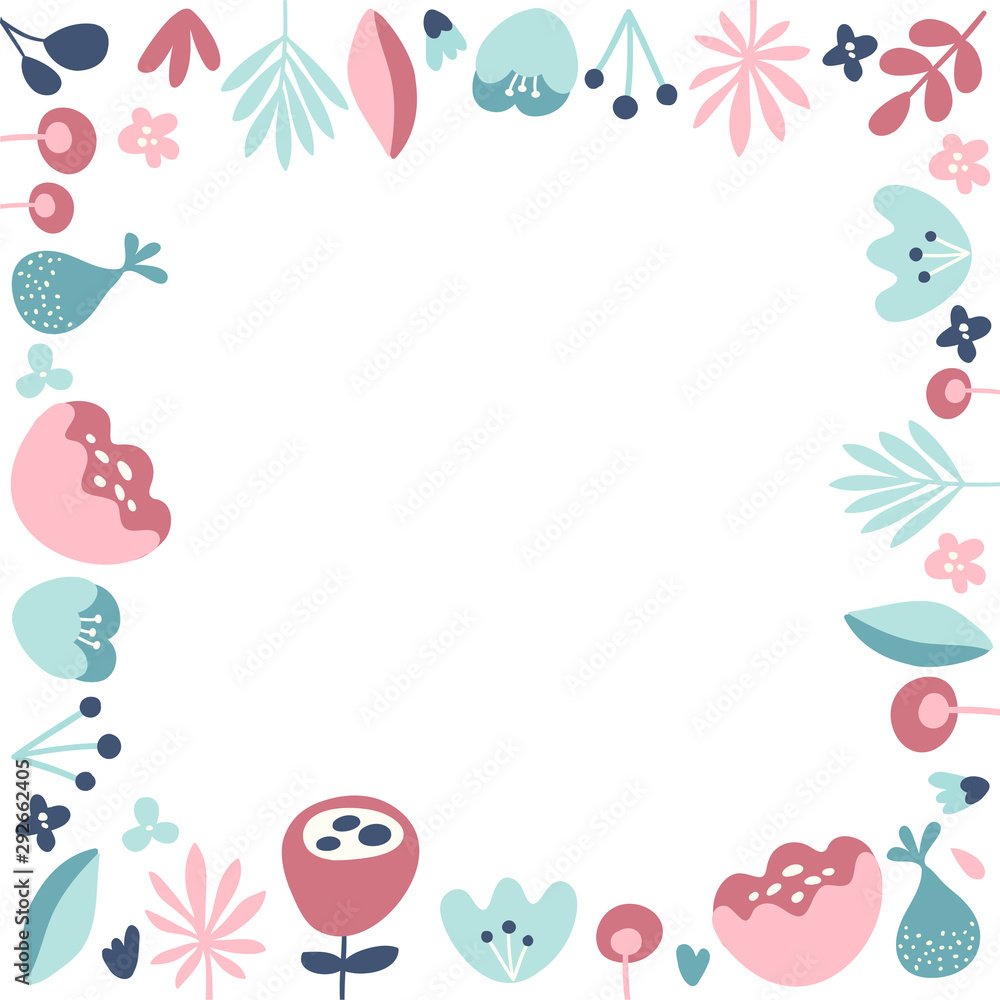 Flowers and plants square frame. White background isolated. Pink, blue. Flat design. Vector illustration. Place for text Flowers and plants square frame. White background isolated. Pink, blue. Flat design. Vector illustration. Place for text