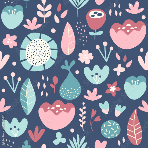 Nature pattern with flowers and plants. Cartoon modern illustration. Seamless background. Flat design. Isolated 