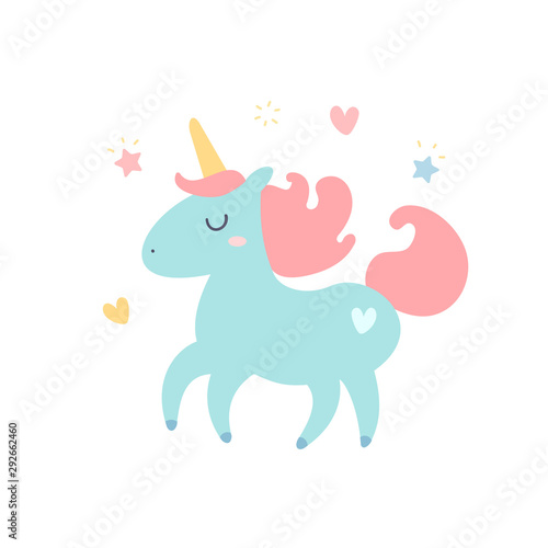 Cute unicorn. Vector cartoon illustration. Magic creature. White background isolated. Flat design  trendy style. Unicorn character 