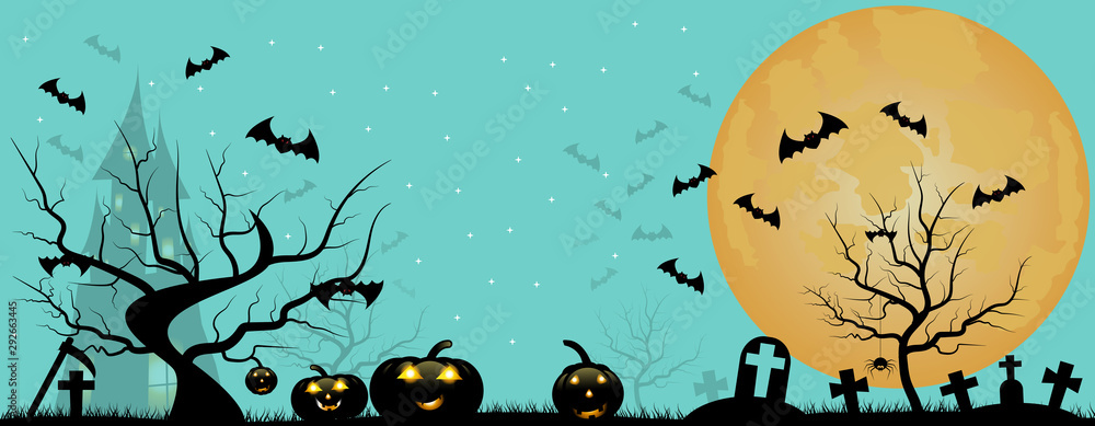 Halloween silhouette background, pumpkins on the graveyard in night sky background - Vector illustration.