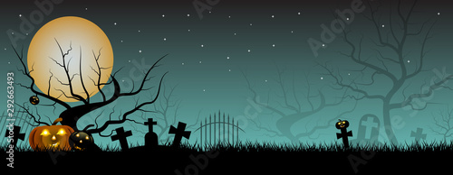 Halloween silhouette background, pumpkins on the graveyard in night sky background - Vector illustration.