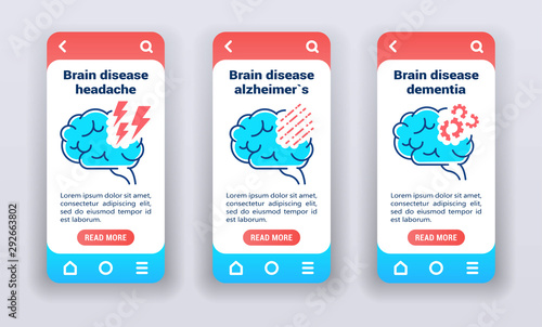 Brain disease on mobile app onboarding screens. Line icons, headache, alzheimer's, dementia.