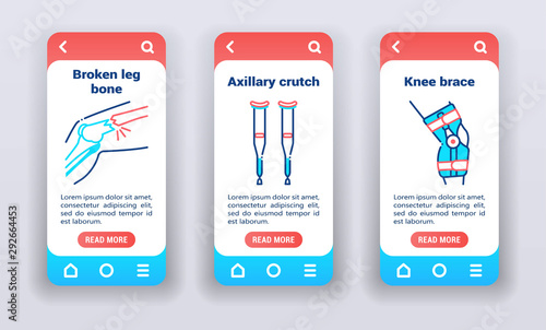 Injury and leg treatment on mobile app onboarding screens.