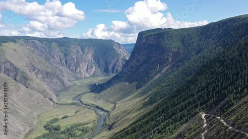 Aerial video of the valley of Altai river Chulyshman. Siberia, Russia. photo