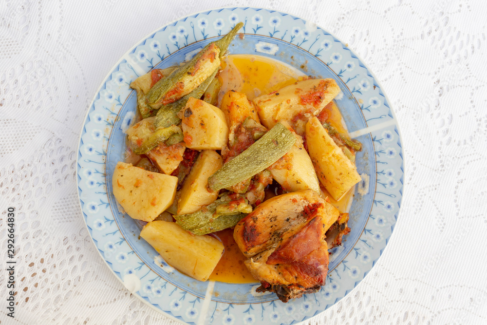 Cretan chicken and veg from above Cretan chicken and veg from above