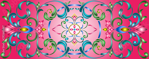 Illustration in stained glass style with abstract  swirls,flowers and leaves  on a pink  background,horizontal orientation