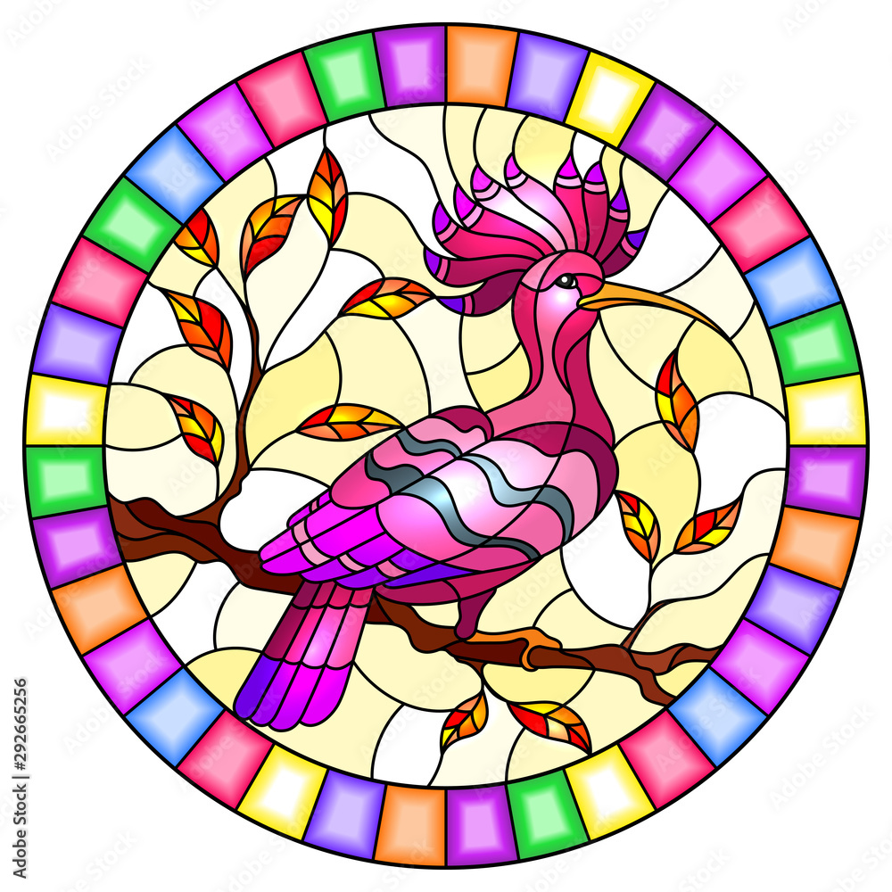 Illustration in the style of stained glass with a beautiful pink bird  on a  background of branch of tree ,oval image in bright frame