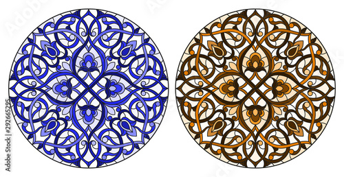 Set of illustrations in stained glass style with round floral arrangements, blue and brown