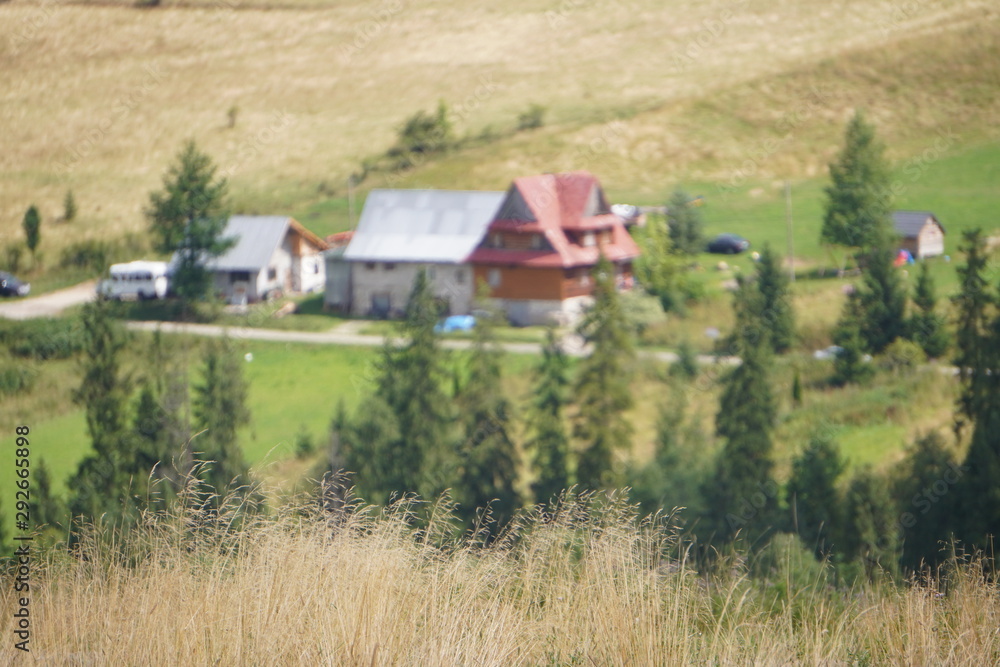 blur, autumn landscape in the mountains, dried grass in the foreground, wooden house blurred in the background.