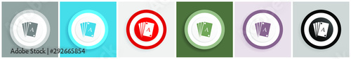 Playing cards icon set, colorful flat design vector illustrations in 6 options for web design and mobile applications