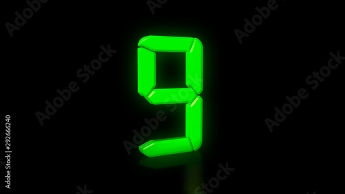 Green LED 9 on black background with reflection