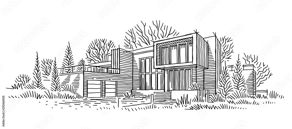 Architectural sketch of individual house. Architectural drawing. Line sketch of house. Vector.  - obrazy, fototapety, plakaty 