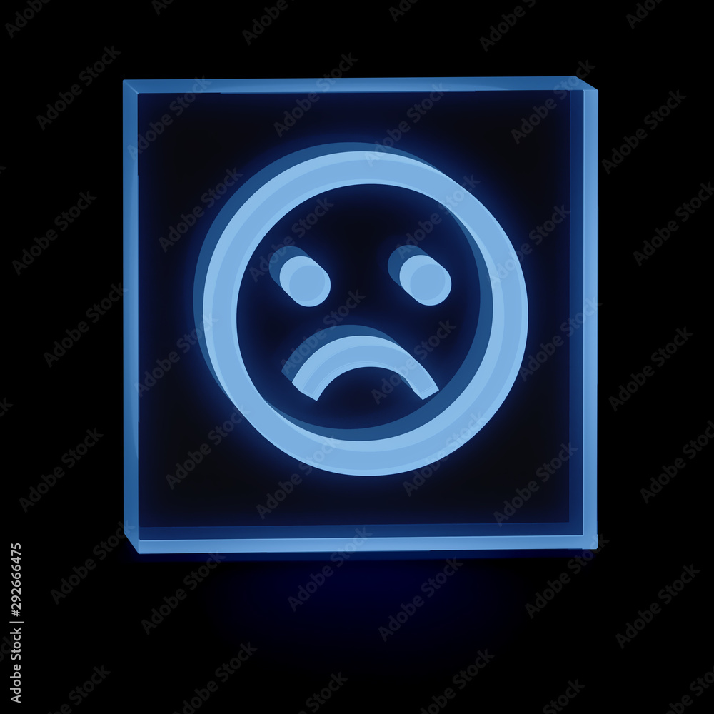 Clear transparent glass or plexiglass display with luminous unhappy face emoticon smile symbol inside on dark background, 3D rendered image Clear transparent glass or plexiglass display with luminous unhappy face emoticon smile symbol inside on dark background, 3D rendered image