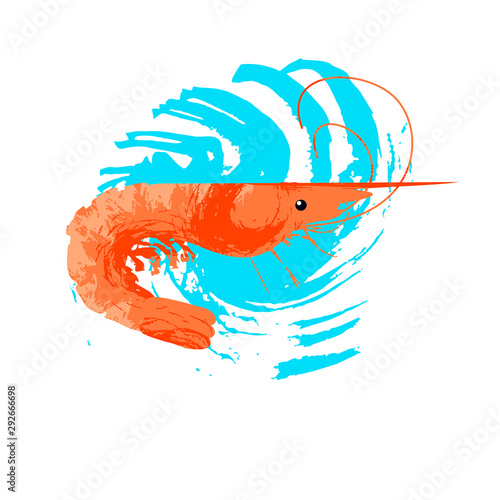 Seafood. Shrimp. Vector illustration on white background with blue texture wave.