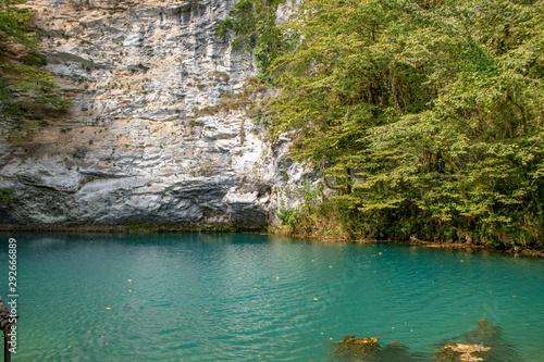 The blue lake in the mountains of Abkhazia has the healing power of rejuvenation