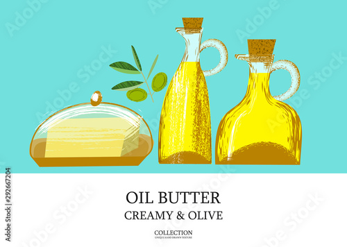 Olive oil in a glass bottle and butter. Vector illustration.