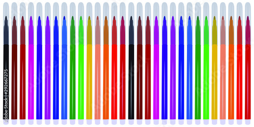 A set of markers with primary colors for drawing and drawing. For the sale and advertising of markers and their application. Felt pen for drawing courses. Set of markers with a cap for children.