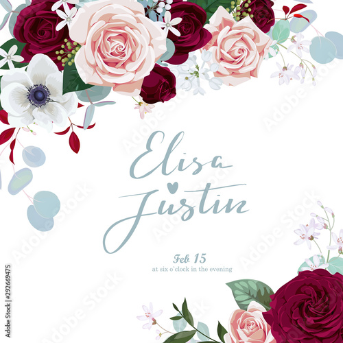 Winter wedding invitation with burgundy and blush roses,white anemone and dusty blue leaves