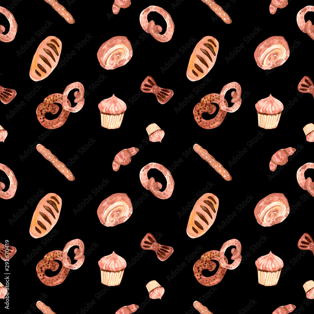 Hand drawn seamless pattern of bread and bakery products. Baked goods background. Watercolor illustration.Design for pastry Hand drawn seamless pattern of bread and bakery products. Baked goods background. Watercolor illustration.Design for pastry