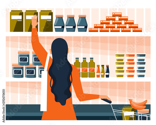 Young woman doing the grocery shopping at a supermarket, stretching for an item on a high shelf while pushing a trolley in a daily life concept vector illustration